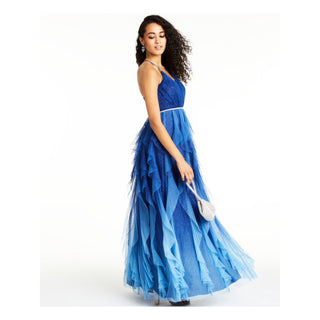 Teeze Me Women's Embellished Ruffled Glitter Mesh Gown Dress Blue Size 11