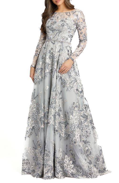 Mac Duggal Sequin Floral Embroidered Long Sleeve A-Line Gown in Platinum, Size 16