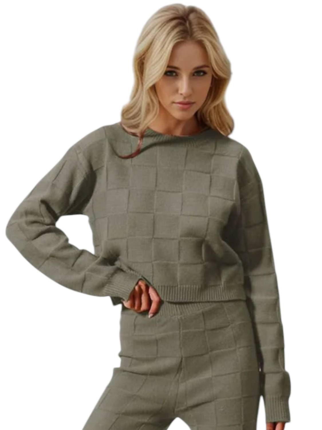 Double Take - Checkered Round Neck Top And Pants Set
