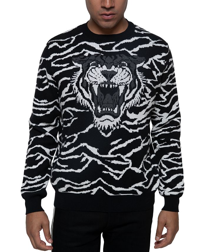 Sean John Men's Big & Tall Tiger Jacquard Knit Pullover Sweater Black Size Medium
