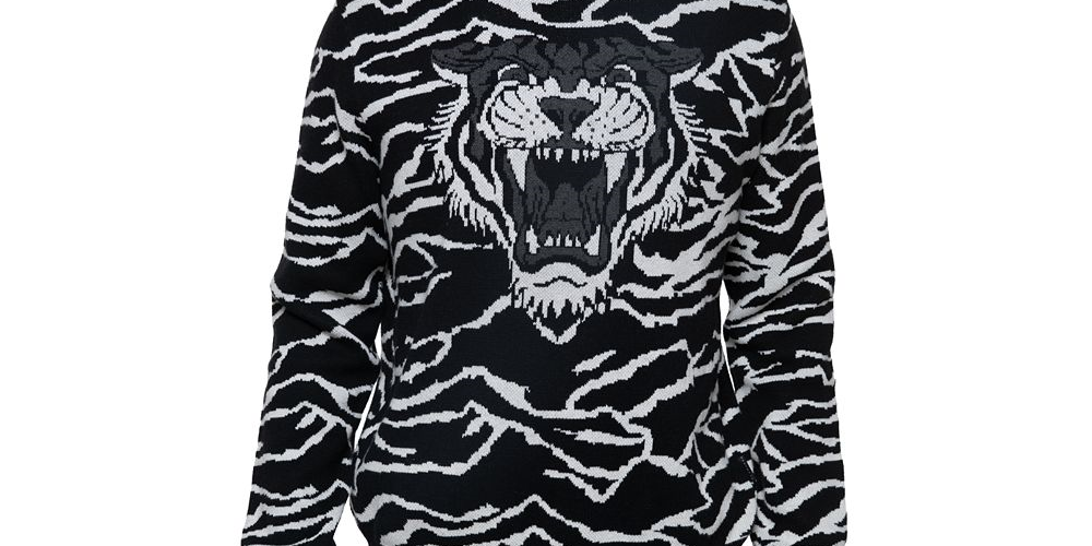Sean John Men's Big & Tall Tiger Jacquard Knit Pullover Sweater Black Size Medium