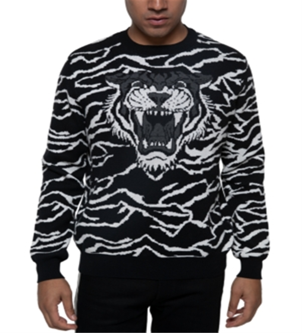 Sean John Men's Big & Tall Tiger Jacquard Knit Pullover Sweater Black Size Medium