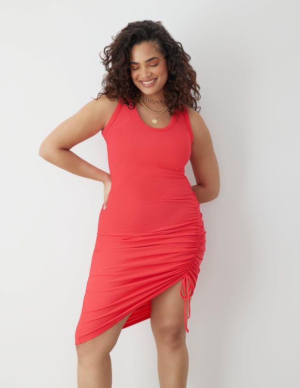 GSTQ Drawstring Rib-Knit Tank Dress - Pink - L