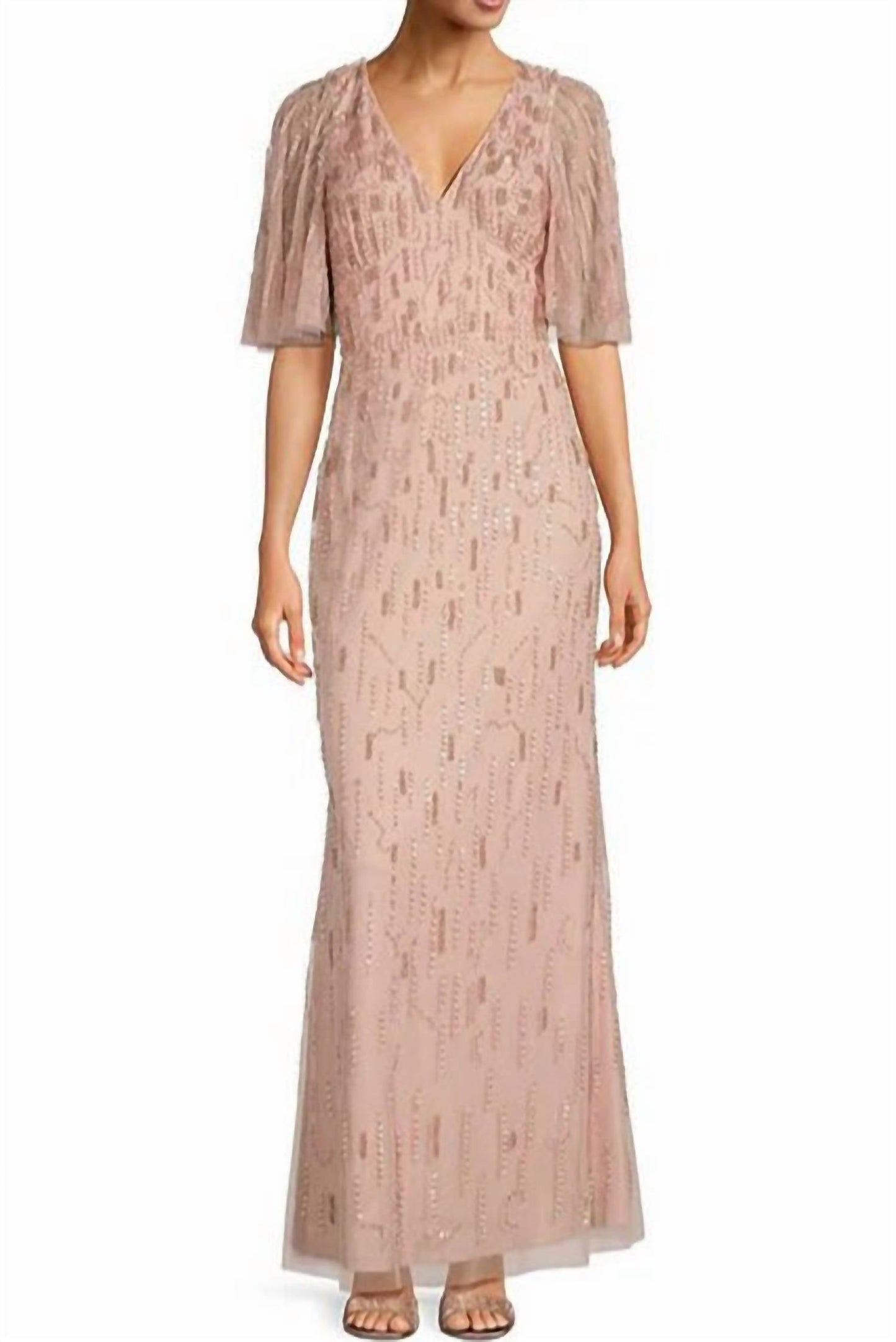 Aidan Mattox - Beaded V-neck Short Flutter Sleeve Mesh Gown