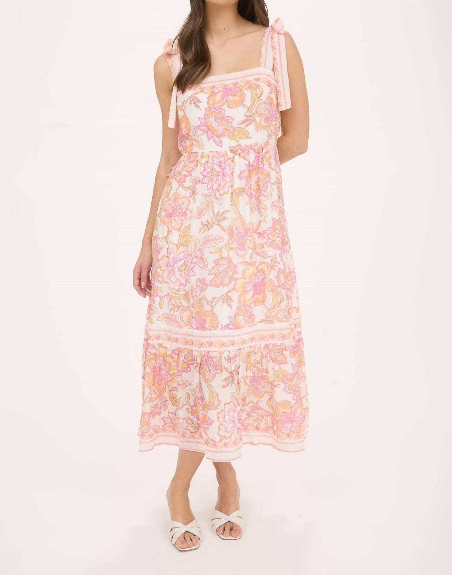 Blu Pepper - Floral Trim Detail Tie Strap Midi Dress