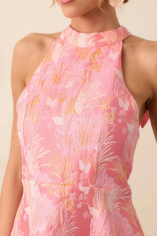 B.Right - Vibrant Floral Jacquard Halter Neck Dress With Ribbon Back