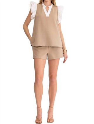 Entro - Contrast Ruffle Sleeves Top & Short Set