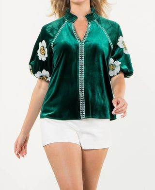 Thml - Embroidered Velvet Puff Sleeve Top