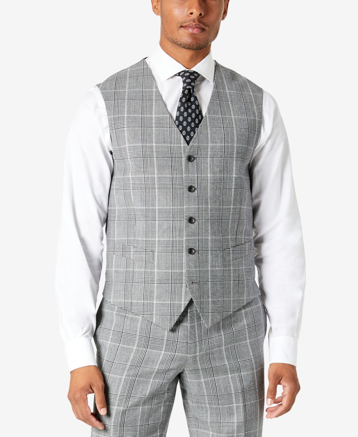 Tallia Men's Slim Fit Plaid Suit Vest Gray Size Medium
