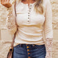 1 The Woman - Crochet Lace Hem Sleeve Button Top