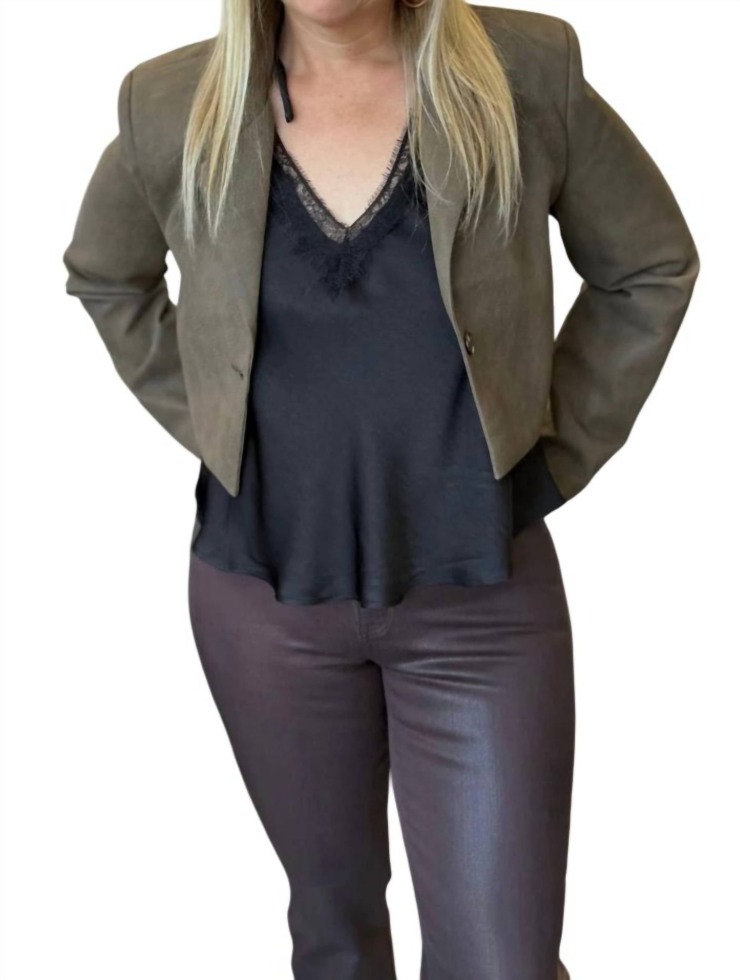 Vintage Havana - Faux Leather Cropped Blazer