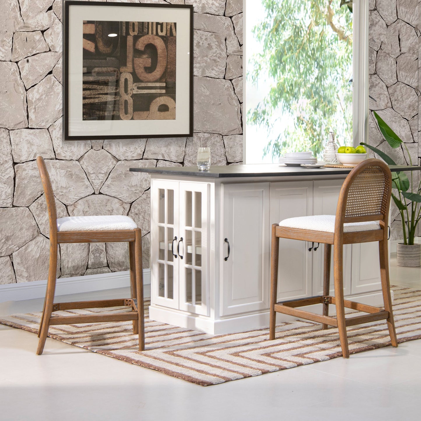 Arlin Upholstered Stool with Curved Back and Footrest - Set of 2