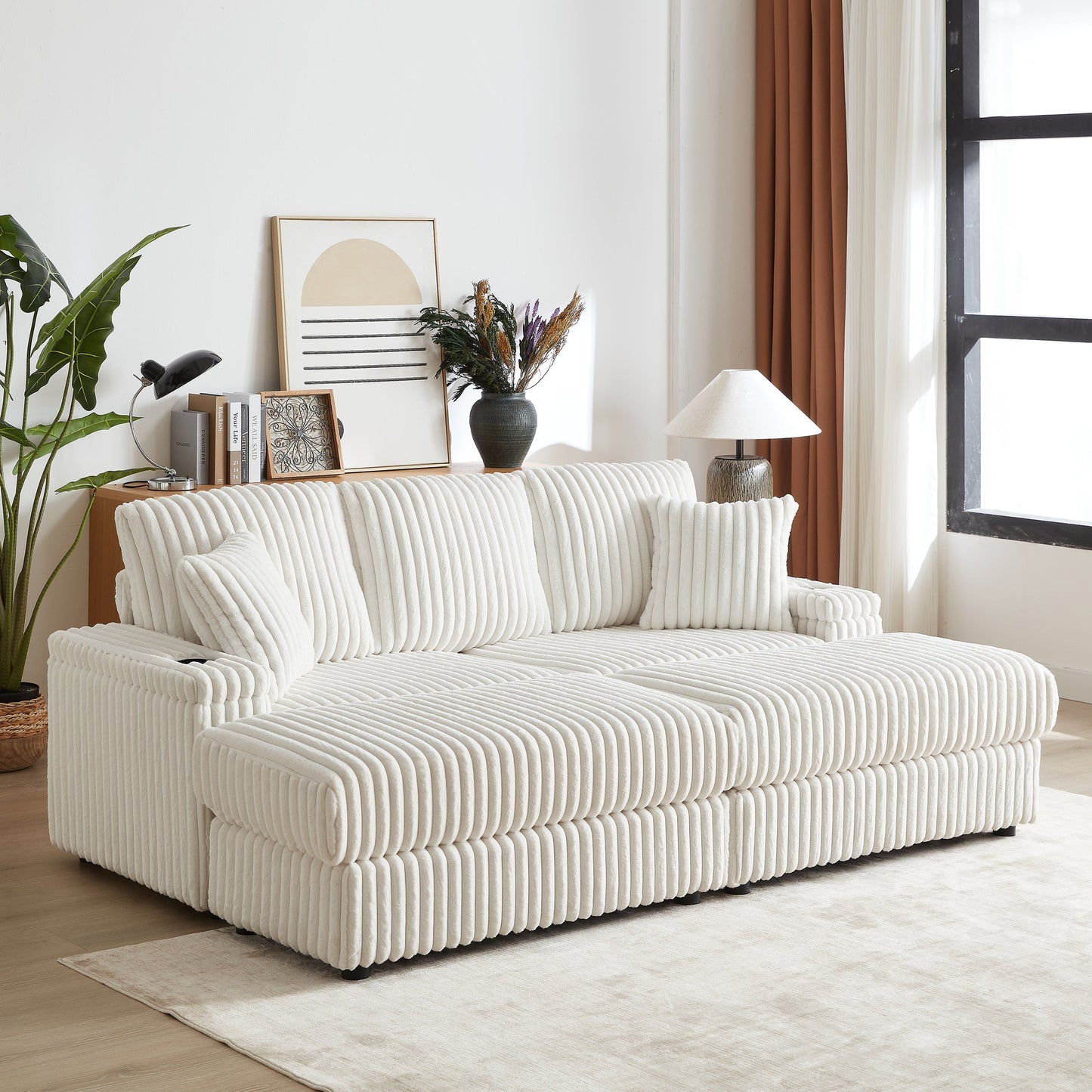 84-Inch Corduroy 3-Seater Sofa with Pillows and Ottomans