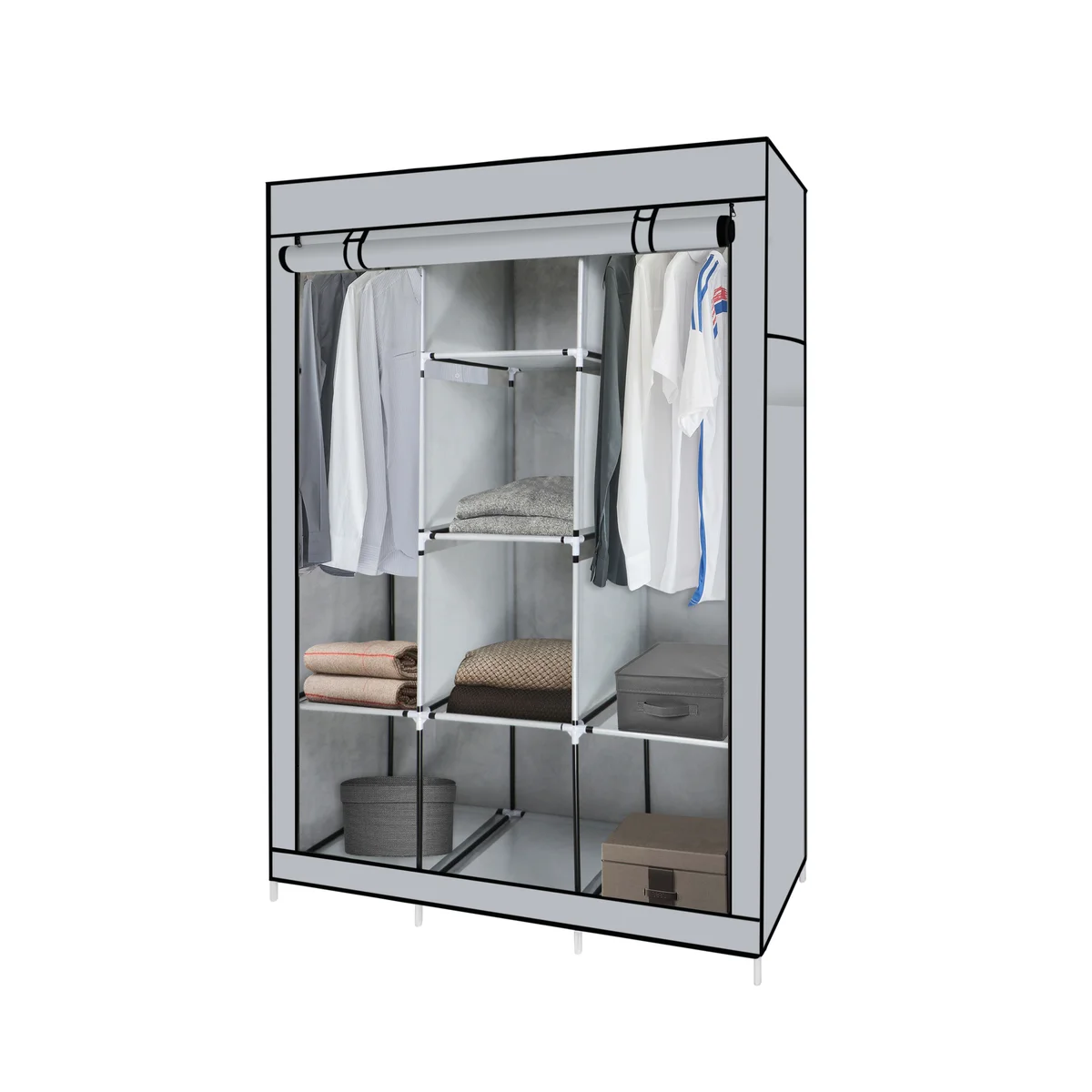 Portable Free Standing Closet with 8 Storage Shelves, 2 Hanging Rod & 4 Pockets