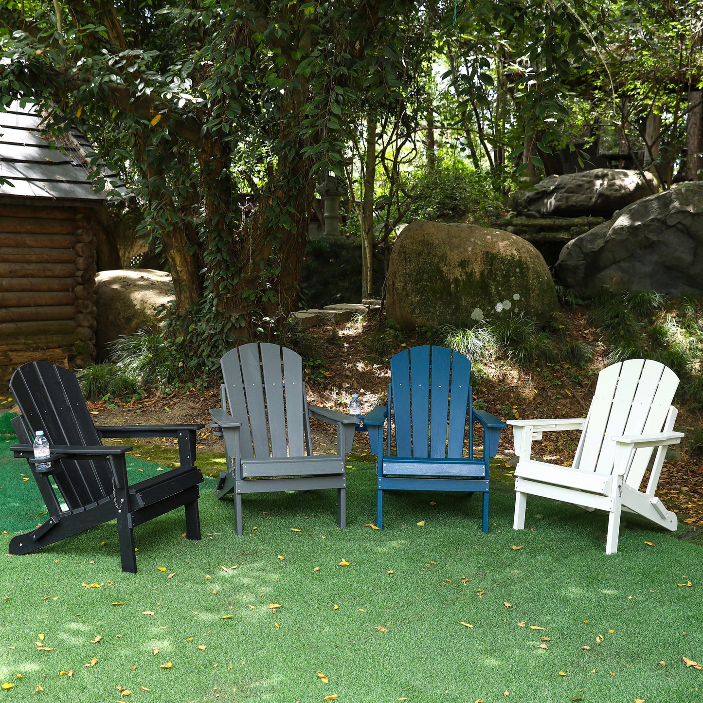 HDPE Folding Adirondack Chair with Dual Cup Holder - Black