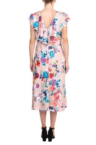 Adrianna Papell - Flutter Sleeve Soft Pleats Floral Print Midi Dress