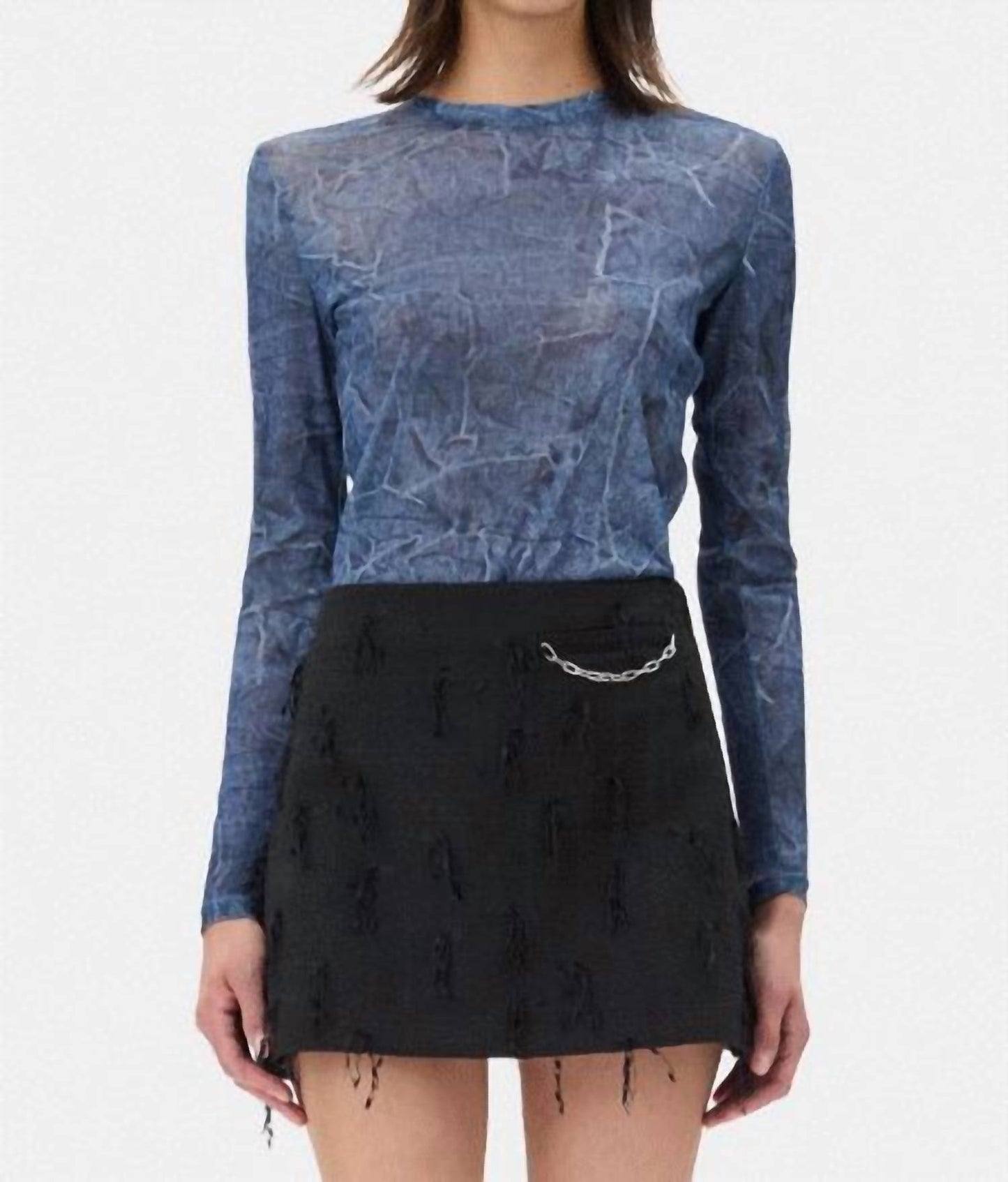 Ganni - Printed Mesh Long Sleeve Crew Neck Top