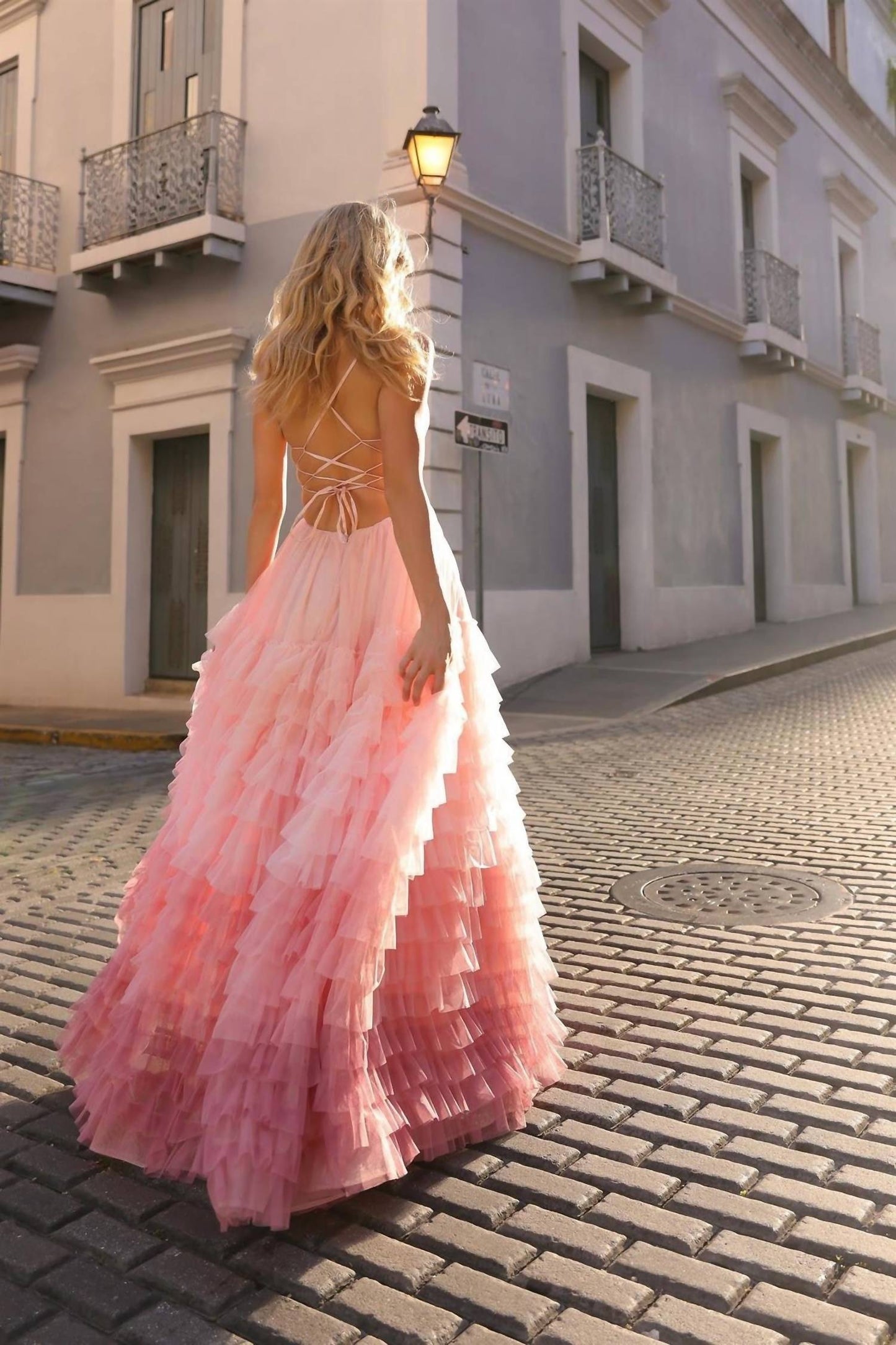 Nox Anabel - Spaghetti Strap Ruffled gown with a slit