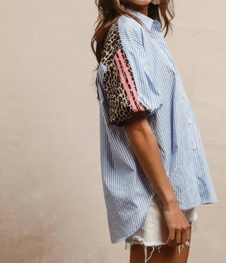 Bibi - Stripe Pattern Shirt With Leopard Top