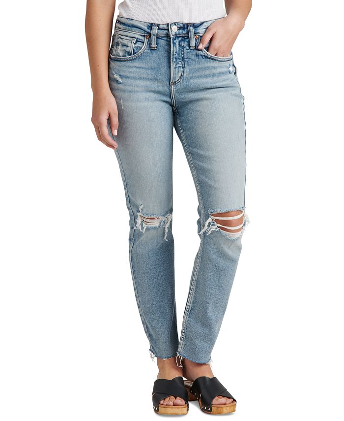 Silver Jeans Co. Women's Beau Mid Rise Raw Hem Girlfriend Jeans Blue Size 29X28