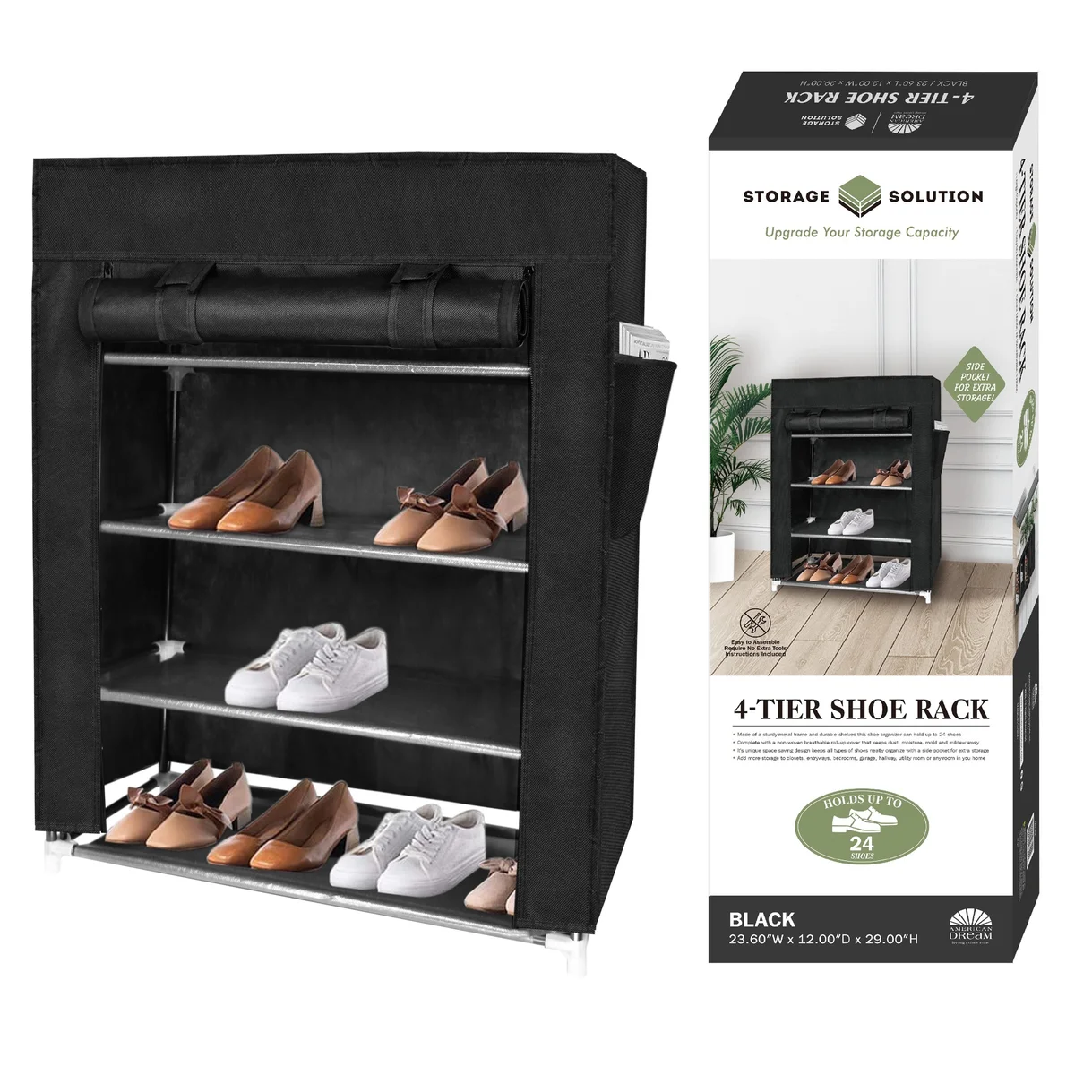 4 Tier Shoe Rack with Side Pocket Holds 24 Shoes