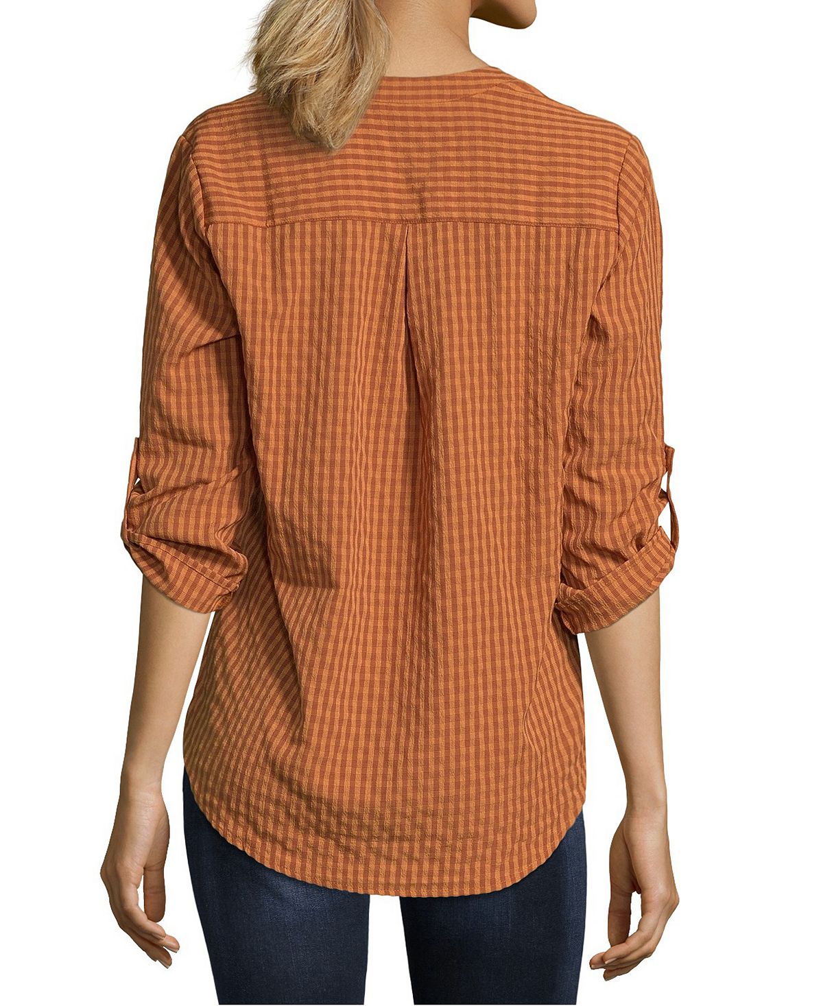 John Paul Richard Women's Gingham Print Roll Tab Blouse Orange Size Petite X-Large