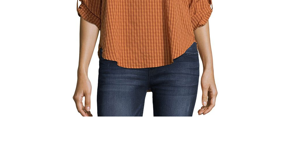 John Paul Richard Women's Gingham Print Roll Tab Blouse Orange Size Petite X-Large