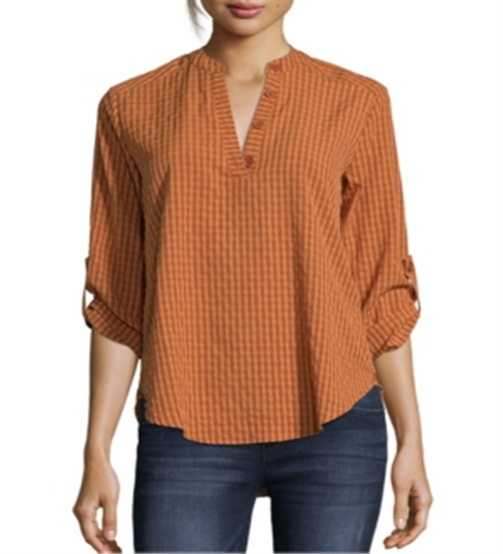 John Paul Richard Women's Gingham Print Roll Tab Blouse Orange Size Petite X-Large
