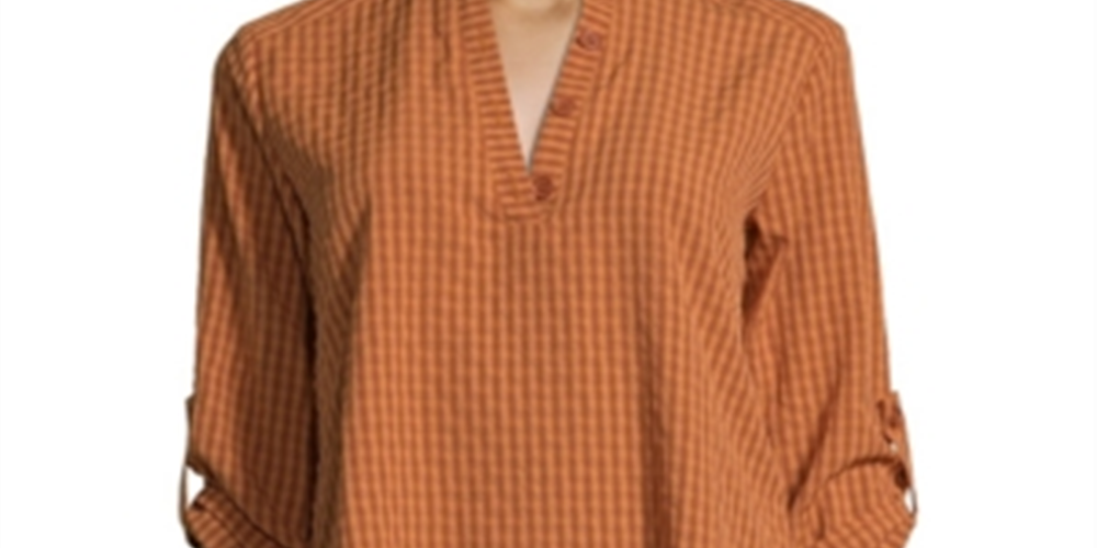 John Paul Richard Women's Gingham Print Roll Tab Blouse Orange Size Petite X-Large