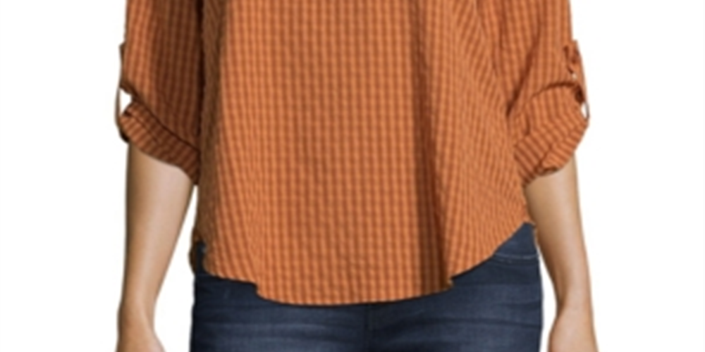 John Paul Richard Women's Gingham Print Roll Tab Blouse Orange Size Petite X-Large
