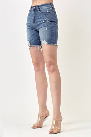 Risen - Distressed High Rise Thigh Shorts - Plus