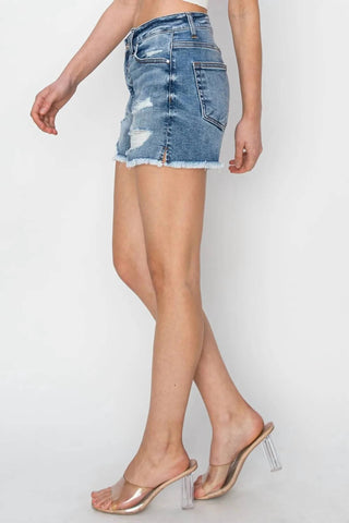 Risen - Stepped Waist Frayed Denim Shorts