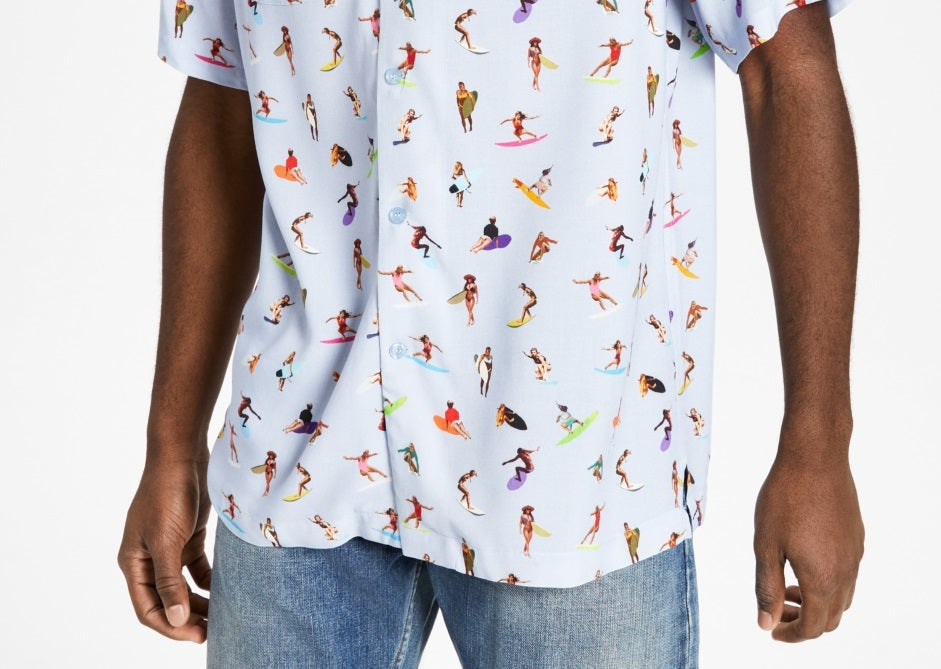 Crwth Men's Regular Fit Surfer Print Camp Shirt Blue Size Medium