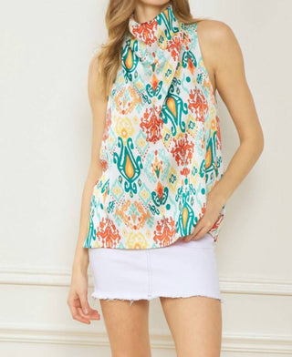 Entro - High Neck Drape Print Top
