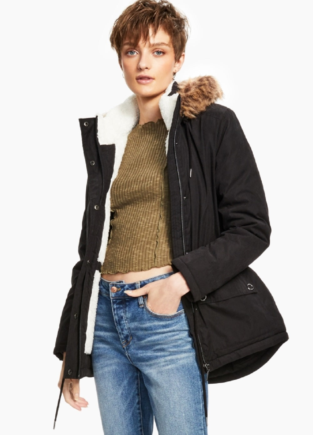 Coffeeshop Junior's Faux Trim Hooded Black Size X Small