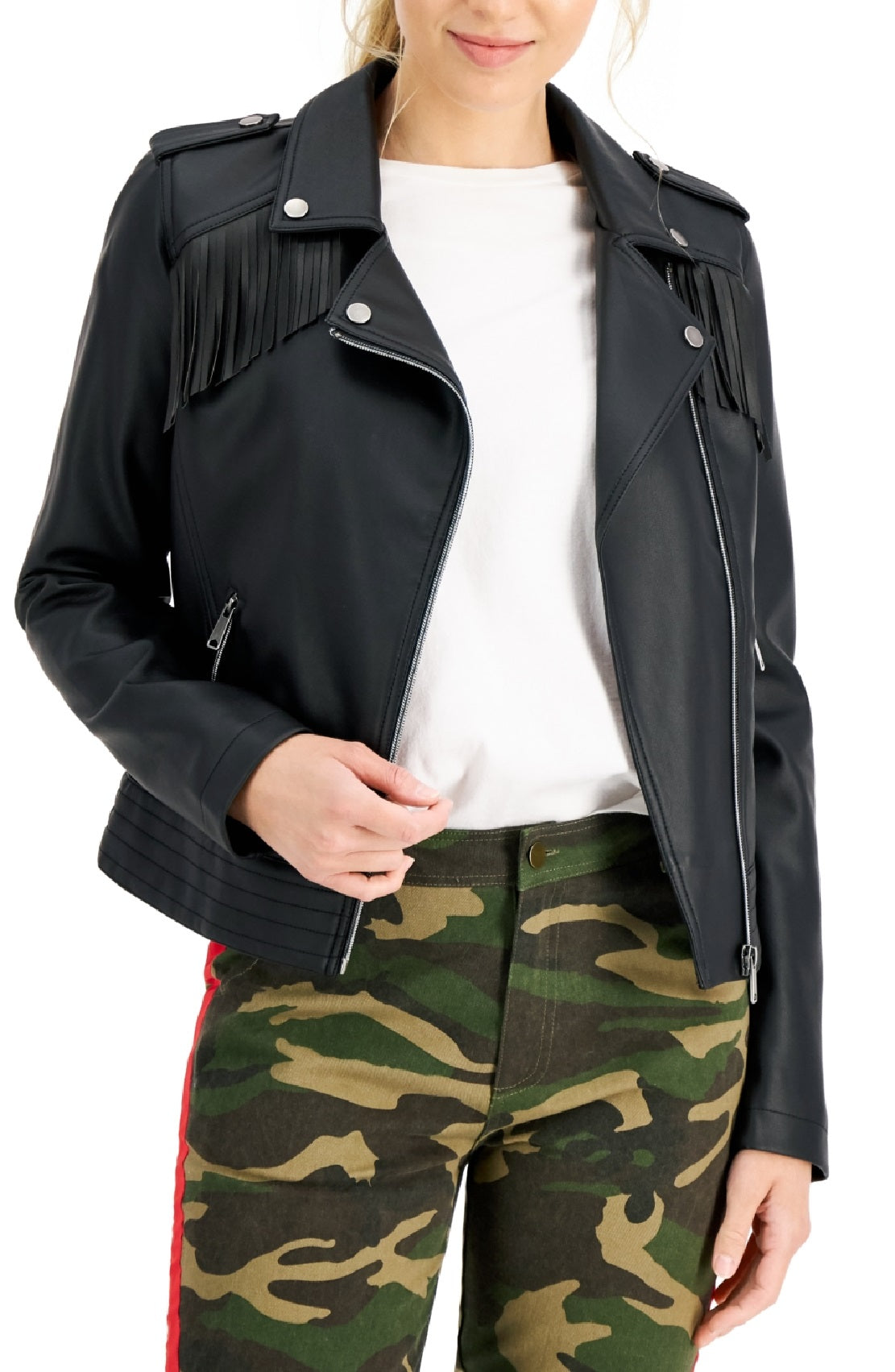 Coffeeshop Junior's Faux Leather Fringe Moto Jacket Black Size Medium