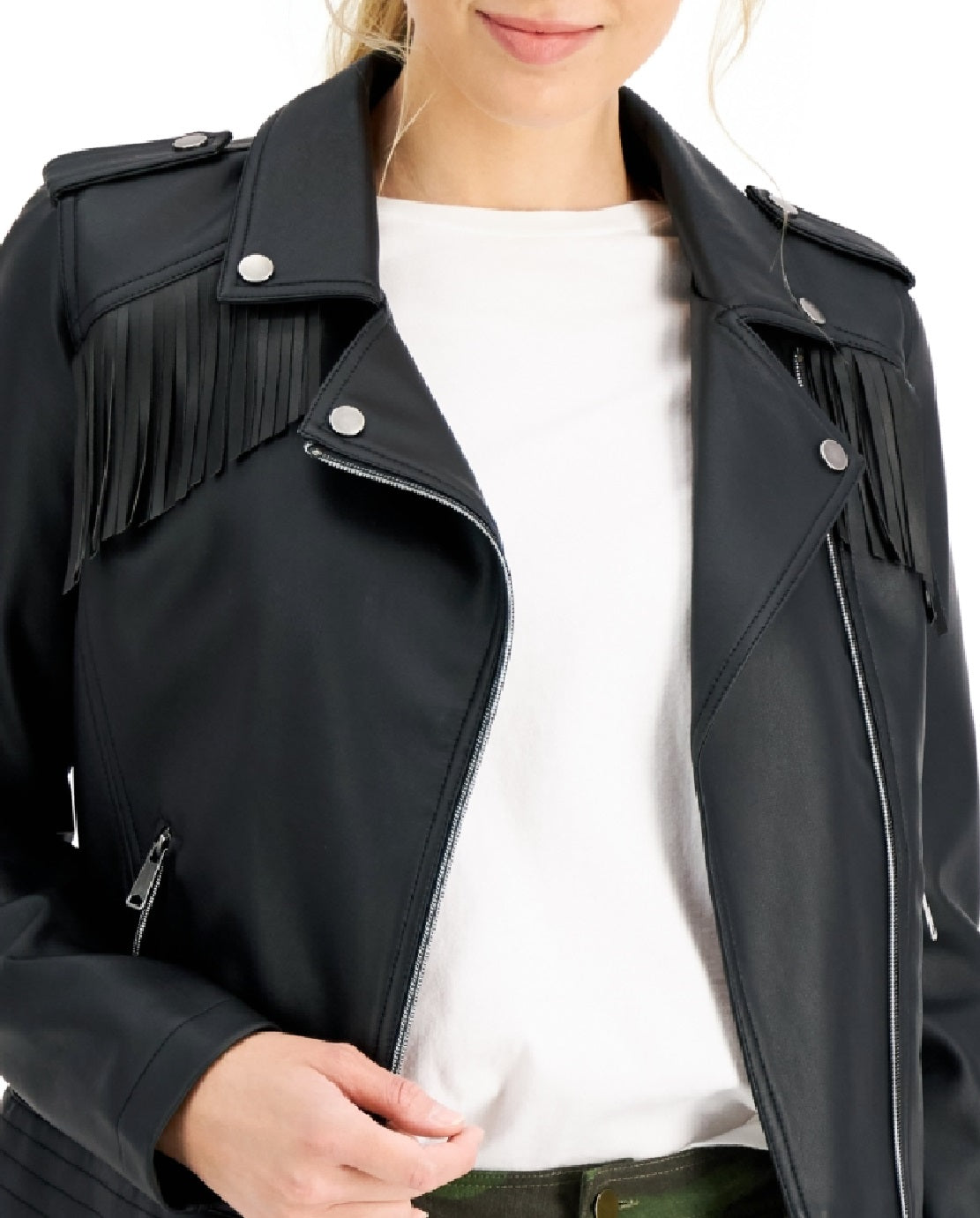 Coffeeshop Junior's Faux Leather Fringe Moto Jacket Black Size Medium