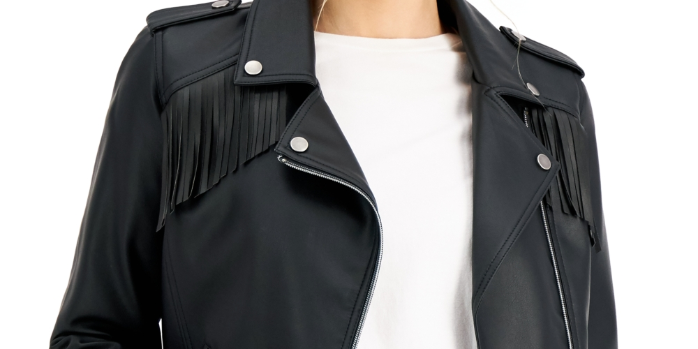 Coffeeshop Junior's Faux Leather Fringe Moto Jacket Black Size Medium