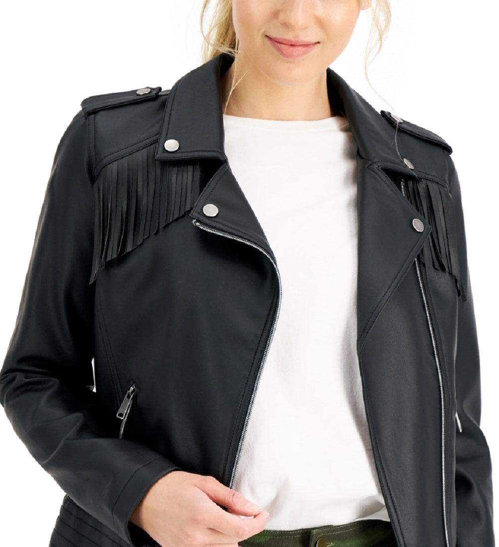 Coffeeshop Junior's Faux Leather Fringe Moto Jacket Black Size Large