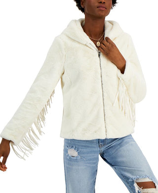 Coffeeshop Junior's Hooded Fringe Faux Coat White Size Medium
