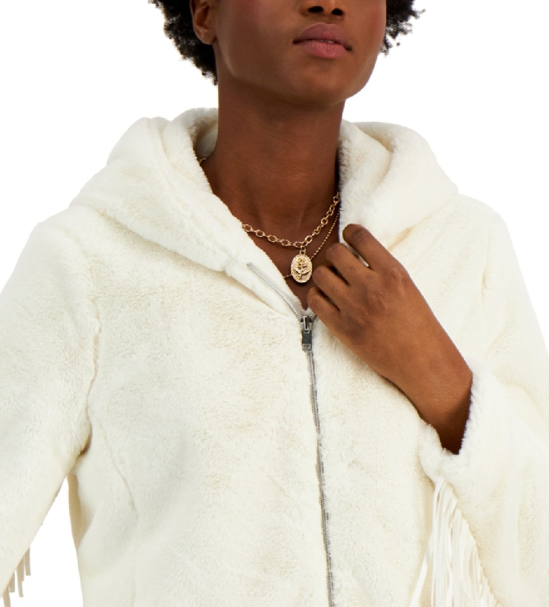 Coffeeshop Junior's Hooded Fringe Faux Coat White Size Medium