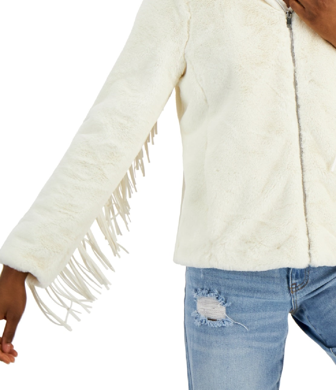 Coffeeshop Junior's Hooded Fringe Faux Coat White Size Medium