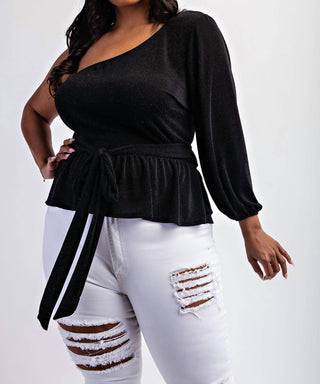 The Curve La - Plus Size One Shoulder Peplum Top With Tie