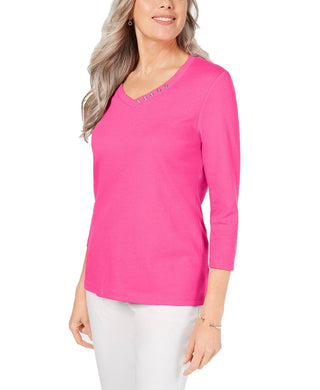 Karen Scott Women's Cotton V Neck Button Trim Top Pink Size X-Small