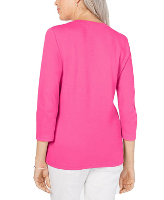 Karen Scott Women's Cotton V Neck Button Trim Top Pink Size X-Small