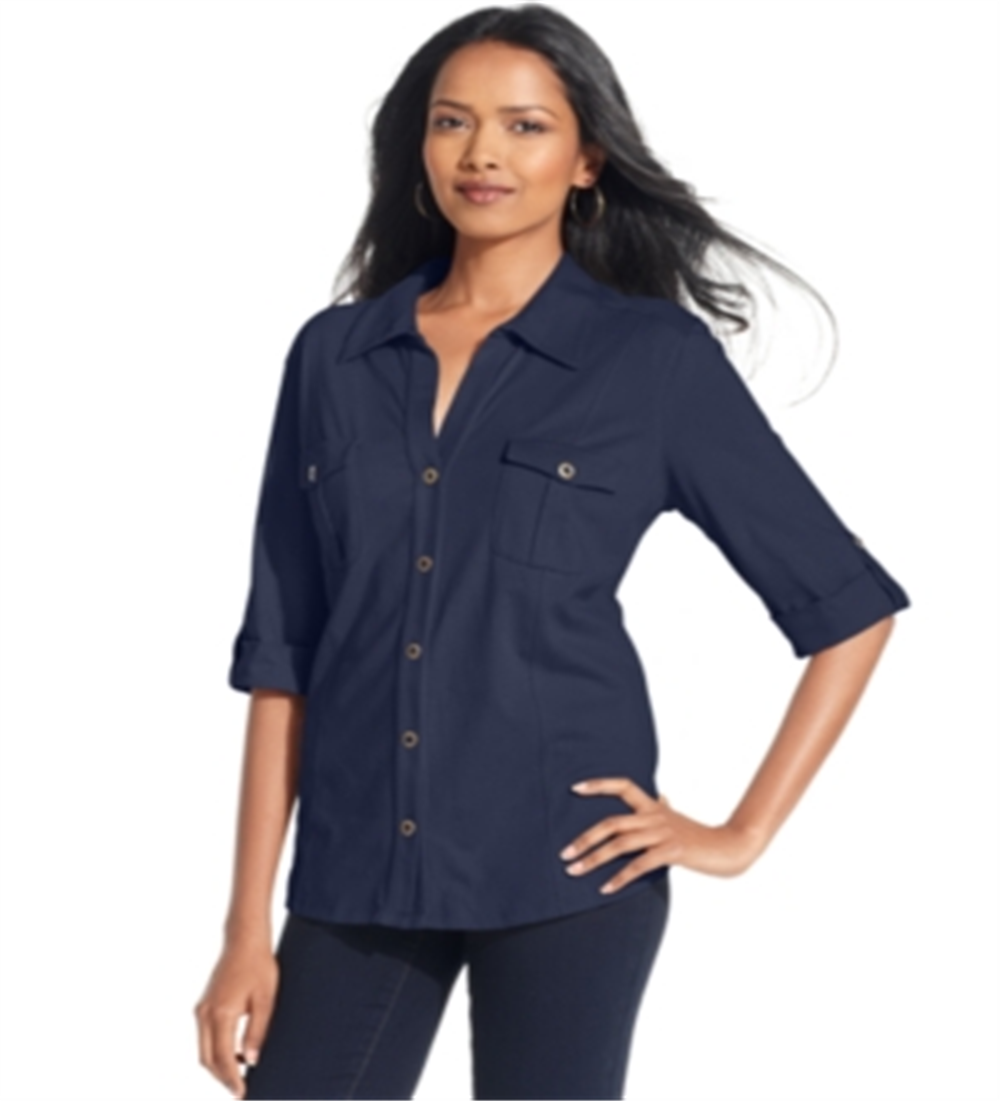 Style & Co Women's Jersey Utility Shirt Blue Size Petite XL