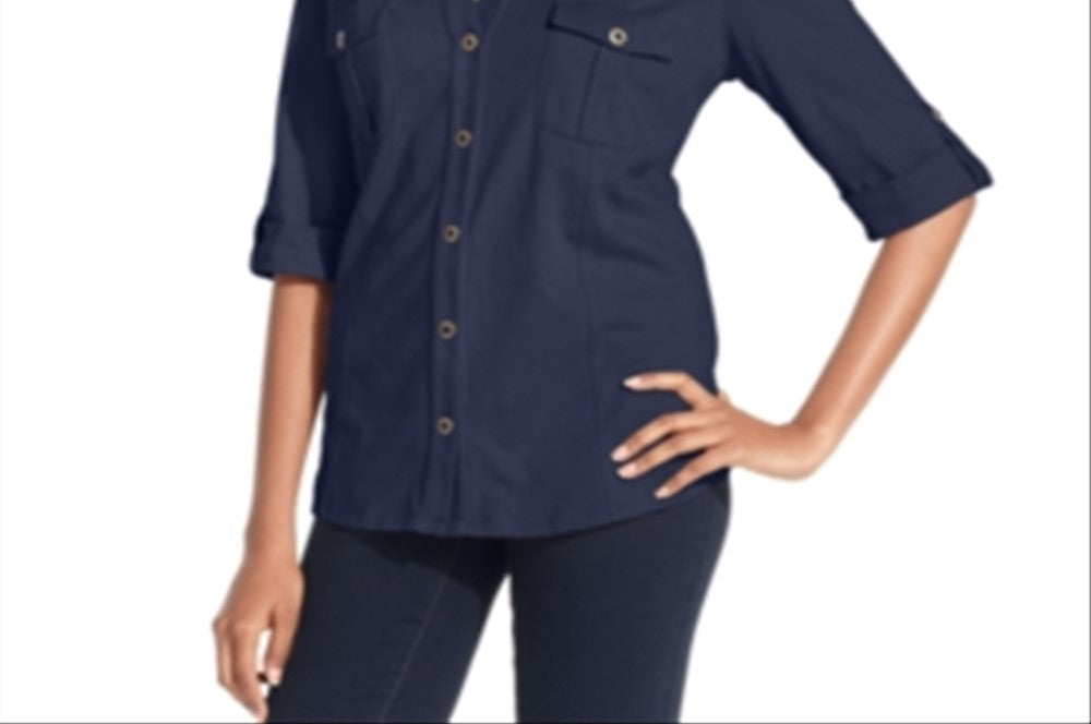 Style & Co Women's Jersey Utility Shirt Blue Size Petite XL