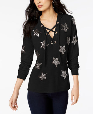 INC International Concepts Women's Embellished Star Hoodie Black Size Small