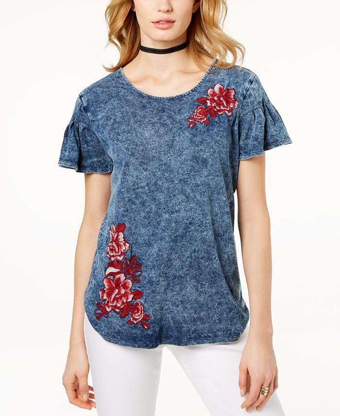 INC International Concepts Women's Embroidered Ruff Scoop Neck Top Blue Size Medium