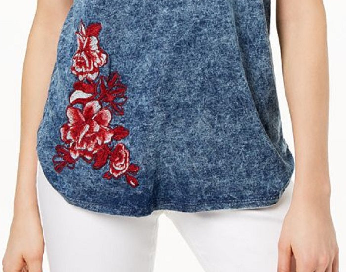 INC International Concepts Women's Embroidered Ruff Scoop Neck Top Blue Size Medium